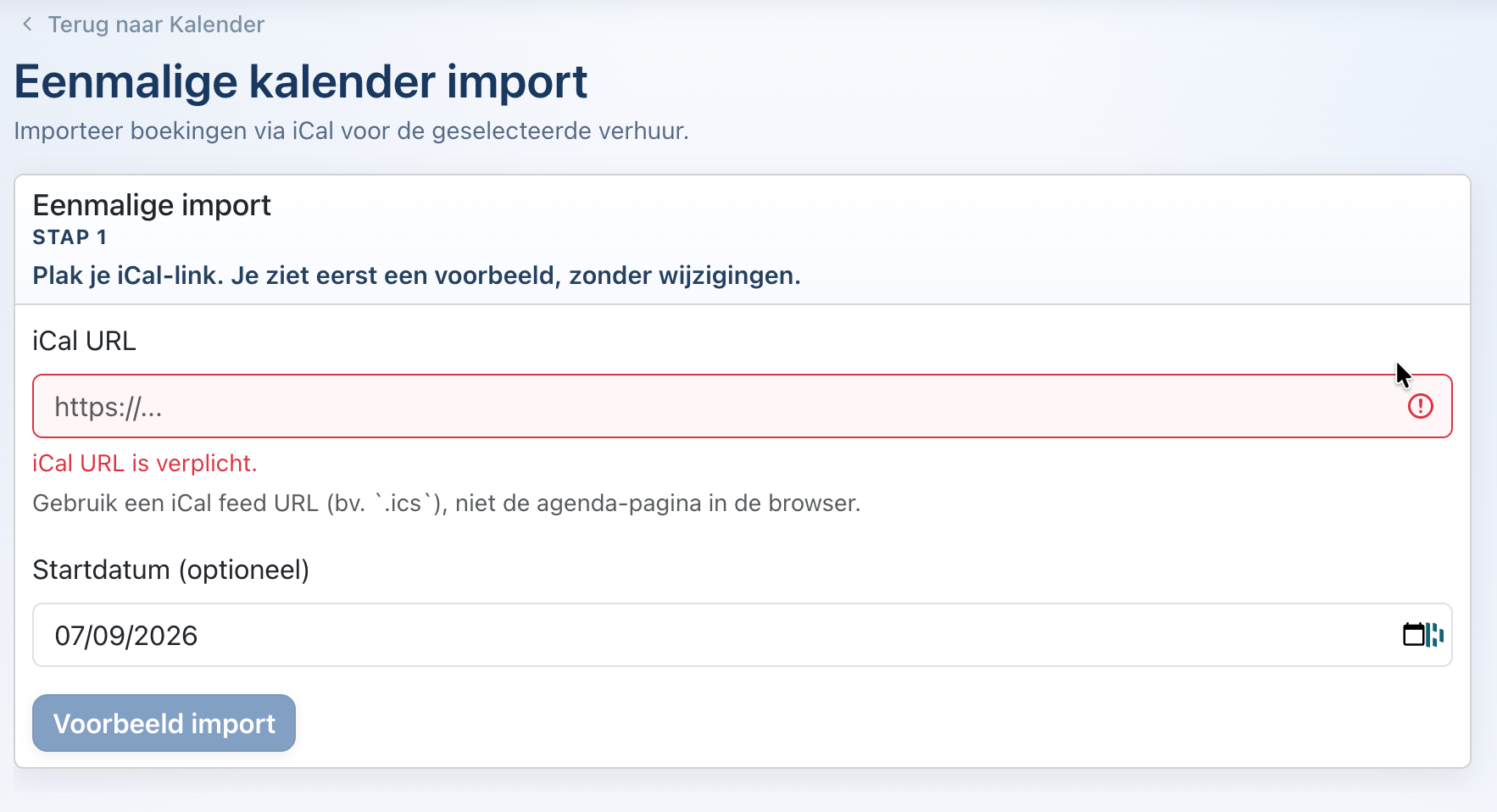 Eenmalige iCal-kalenderimport met voorbeeldcontrole in Simpel Verhuren