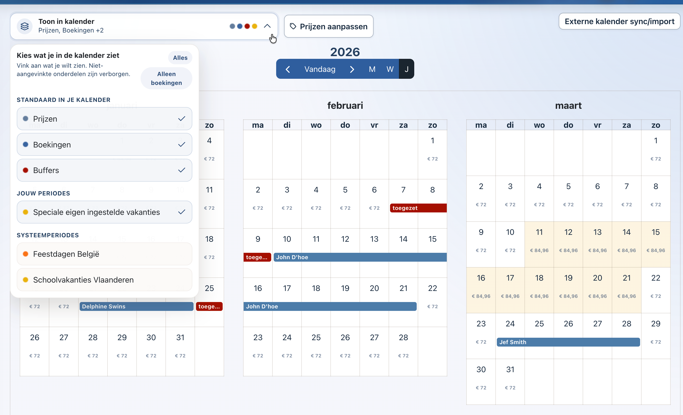 Kalender van Simpel Verhuren met boekingen, prijzen per nacht en gekleurde tariefperiodes