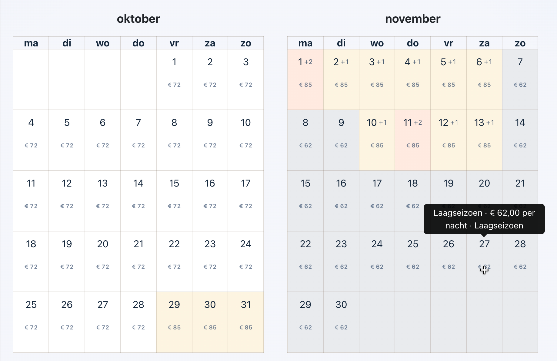 Kalendermodule van Simpel Verhuren met oktober en november, gekleurde tariefperiodes en prijzen per nacht van 72, 85 en 62 euro