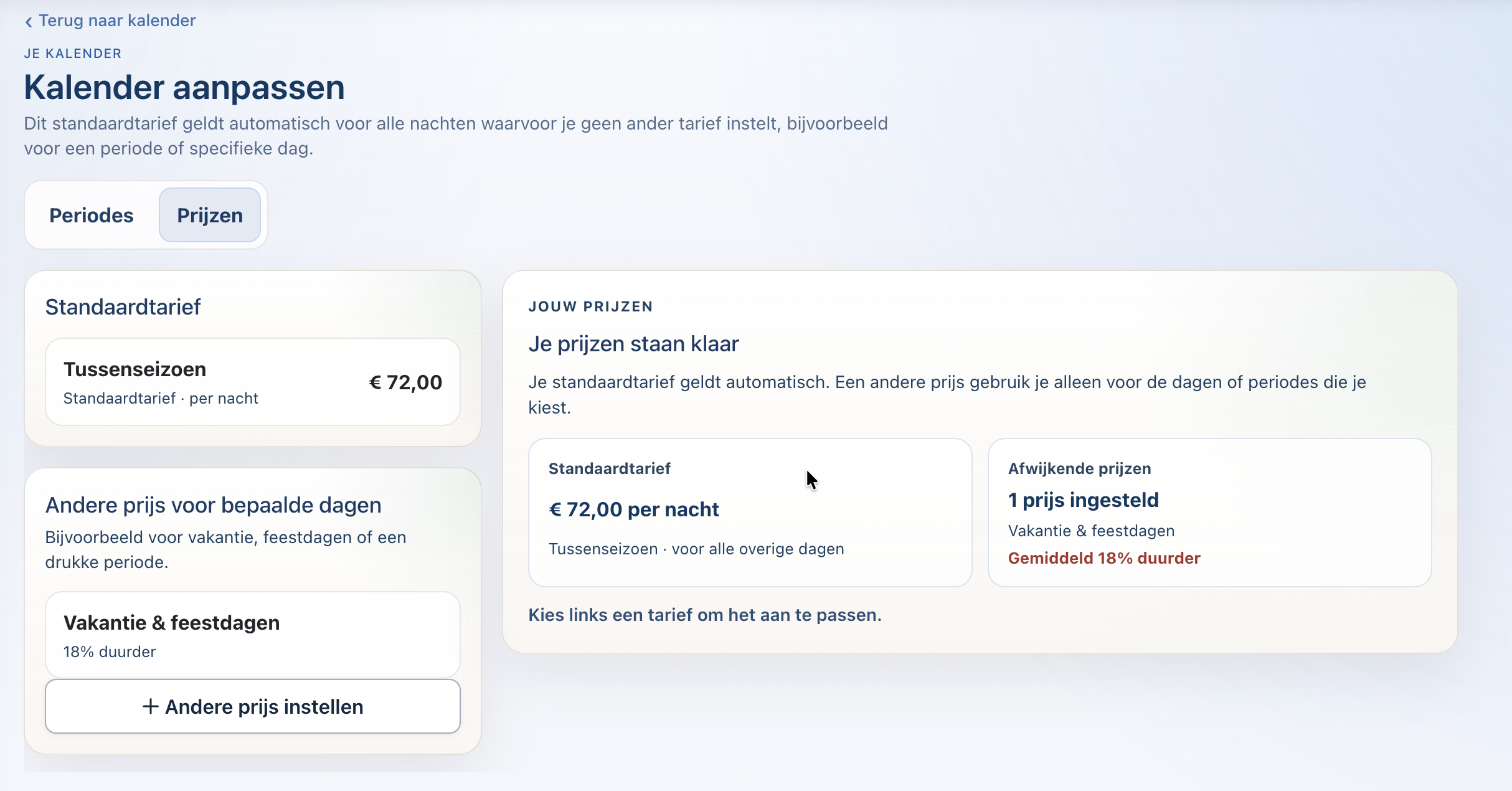 Overzicht van prijsprofielen met een standaardtarief en een afwijkende prijs voor vakantie en feestdagen