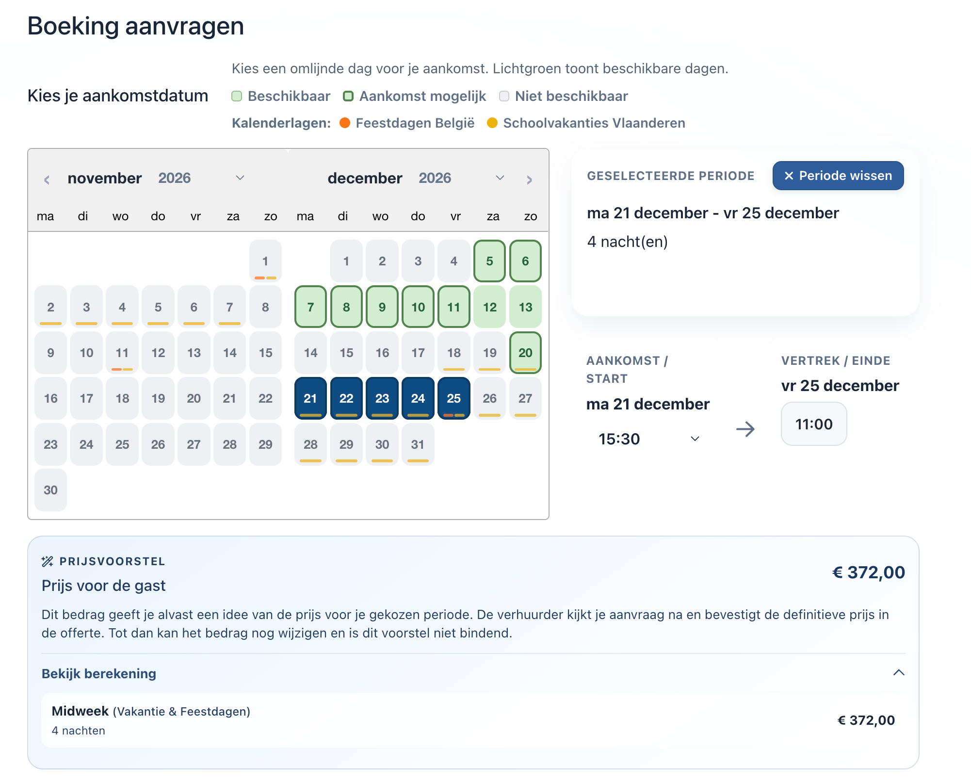 Online boekingswebsite met beschikbare dagen, een gekozen verblijf van vier nachten en een berekend prijsvoorstel