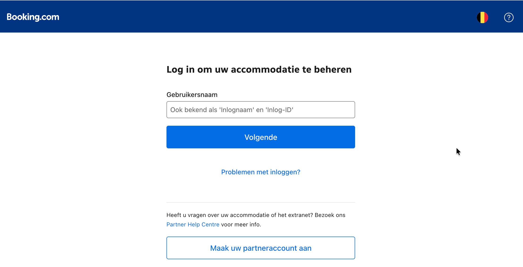 Het aanmeldscherm van de Booking.com Extranet