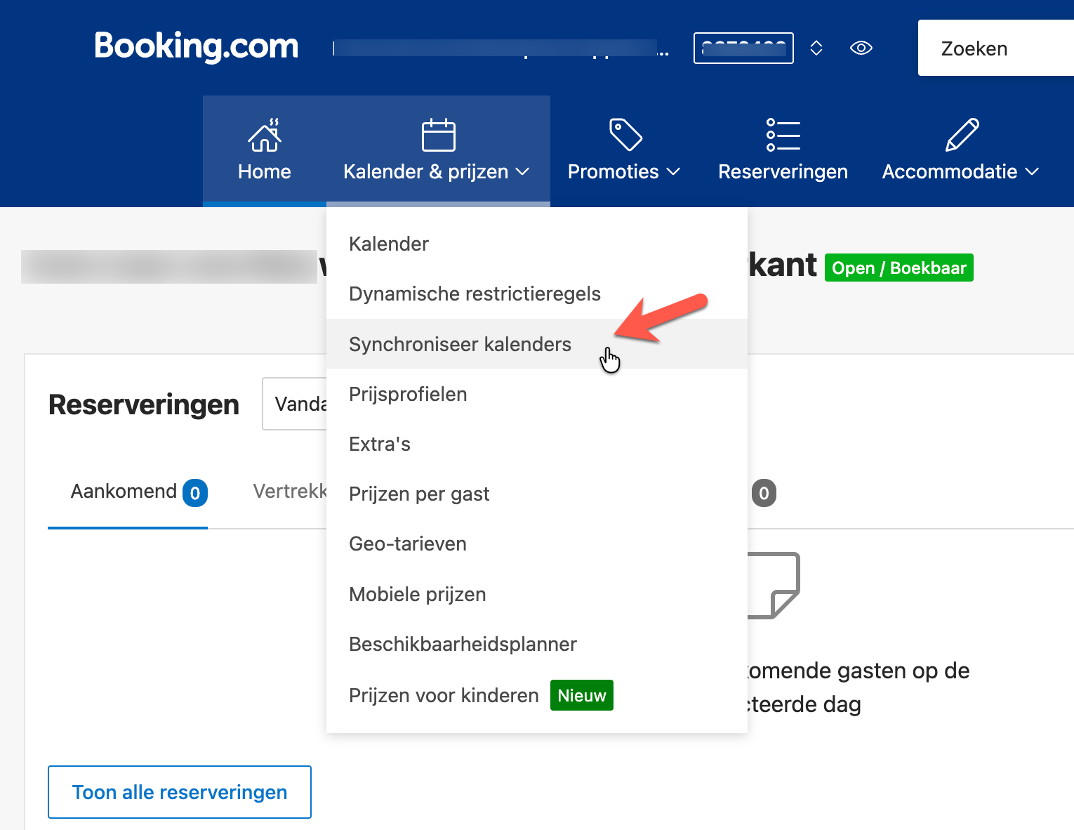 Booking.com-menu Kalender en prijzen met Synchroniseer kalenders aangeduid