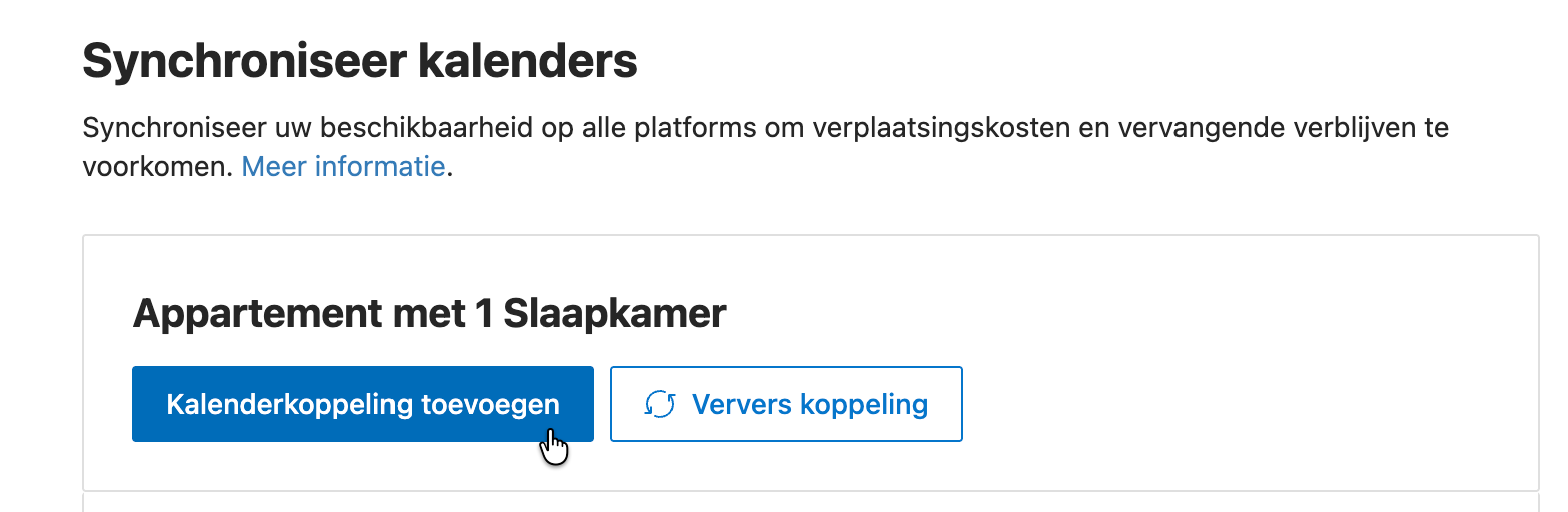 Booking.com-scherm Synchroniseer kalenders met de knop Kalenderkoppeling toevoegen