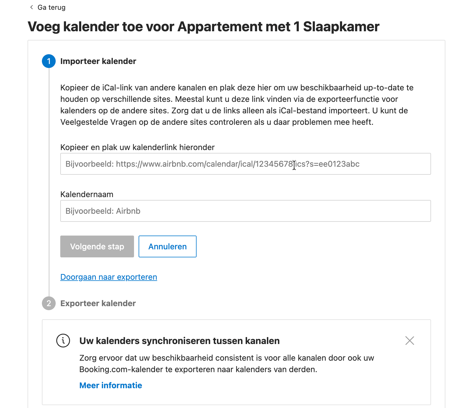 Booking.com-scherm om een externe kalenderlink te importeren