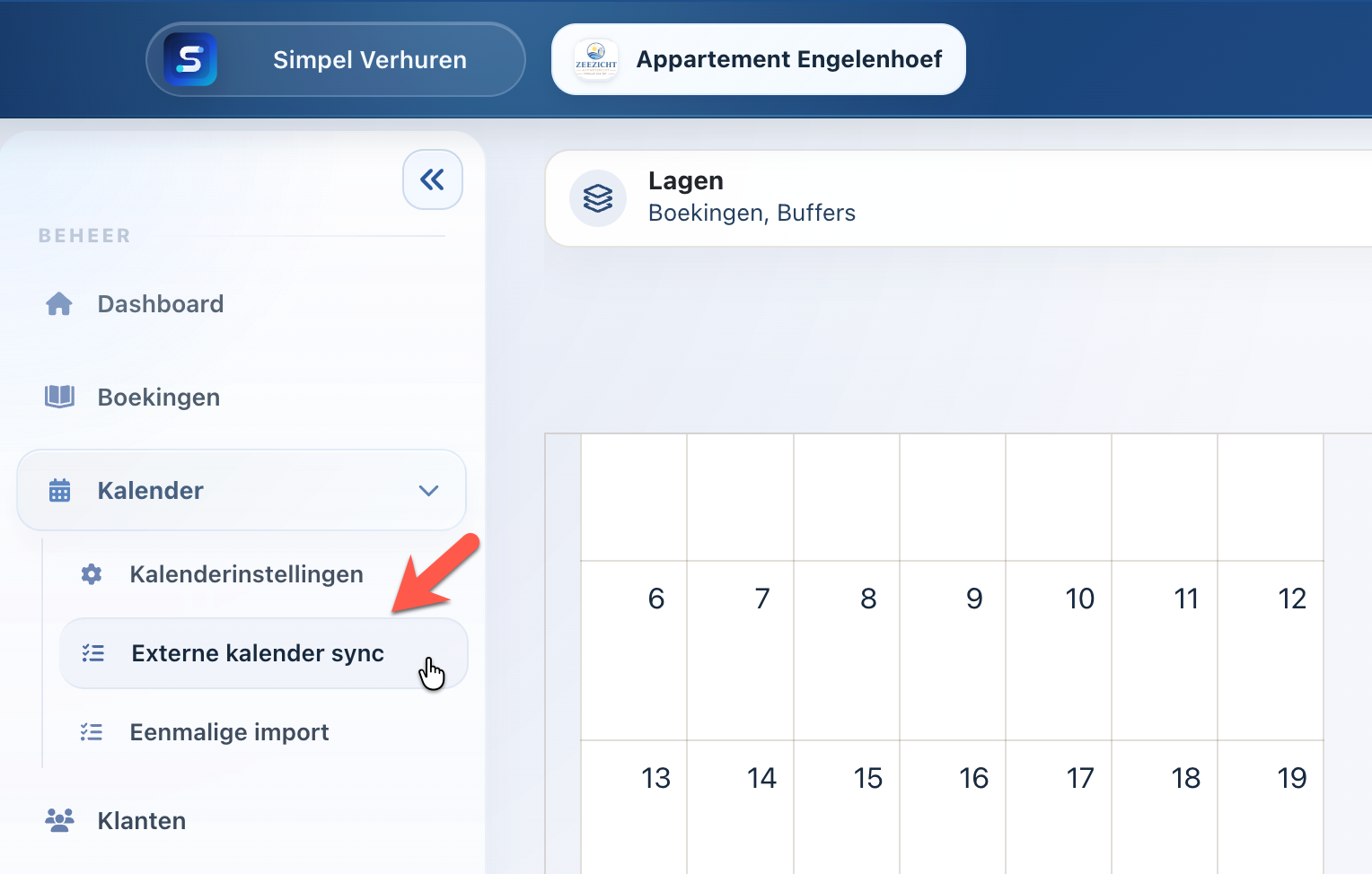 In Simpel Verhuren staat Externe kalender sync aangeduid in het menu onder Kalender