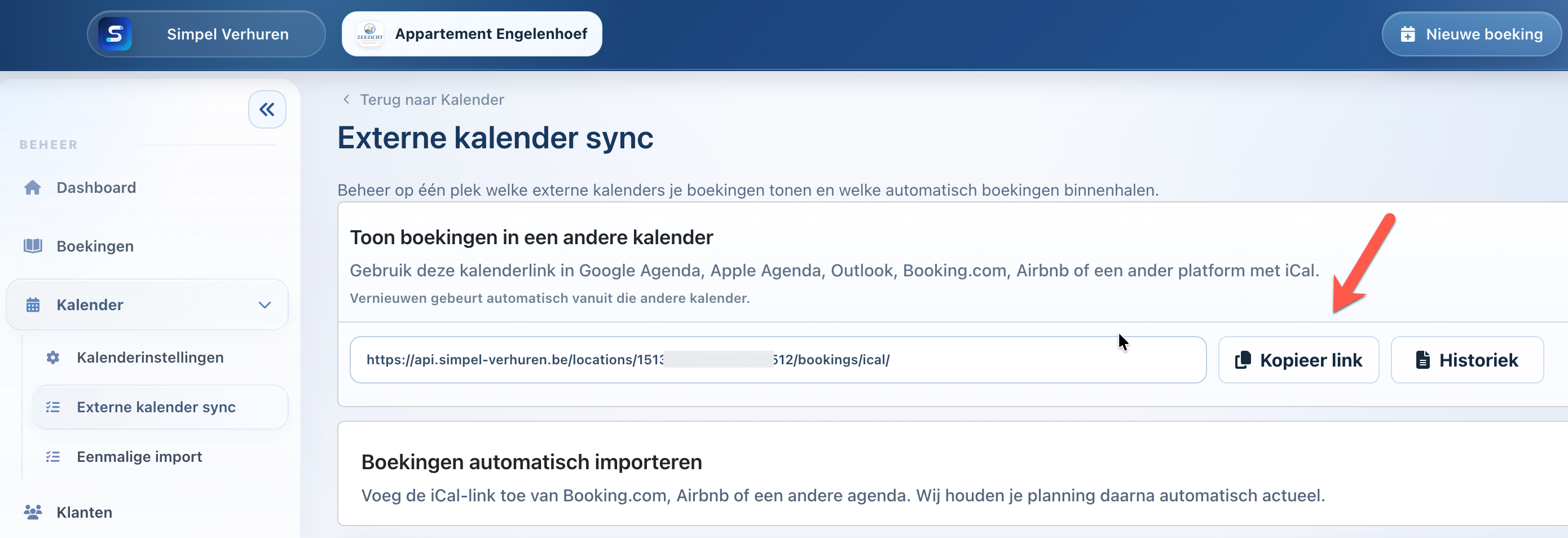 Pagina Externe kalender sync in Simpel Verhuren met de knop Kopieer link