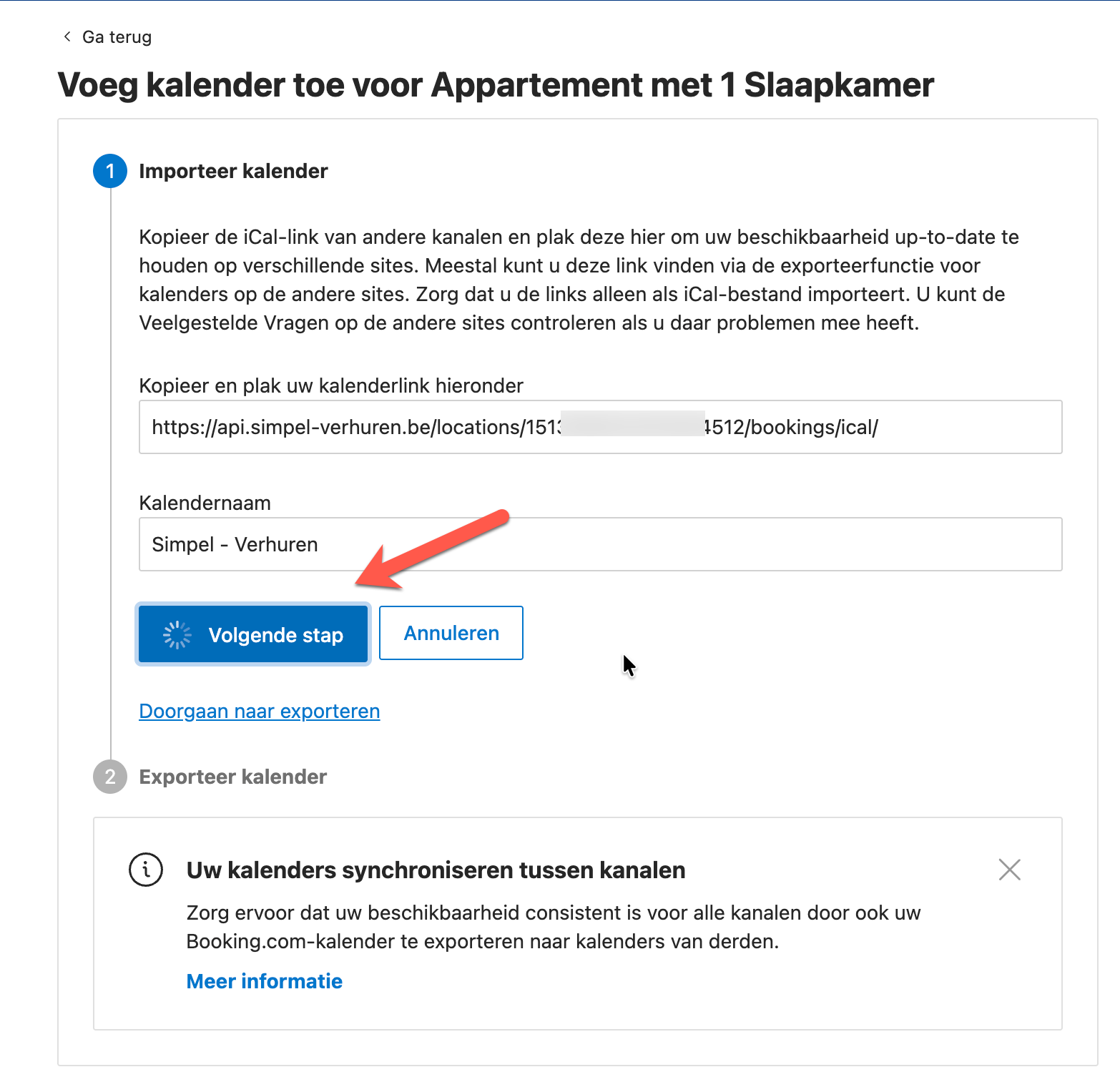 Booking.com-scherm waarin de kalenderlink en naam Simpel Verhuren zijn ingevuld
