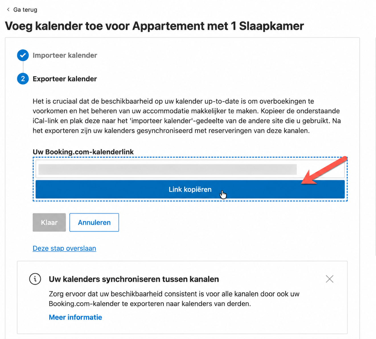 Booking.com-scherm Exporteer kalender met de knop Link kopiëren
