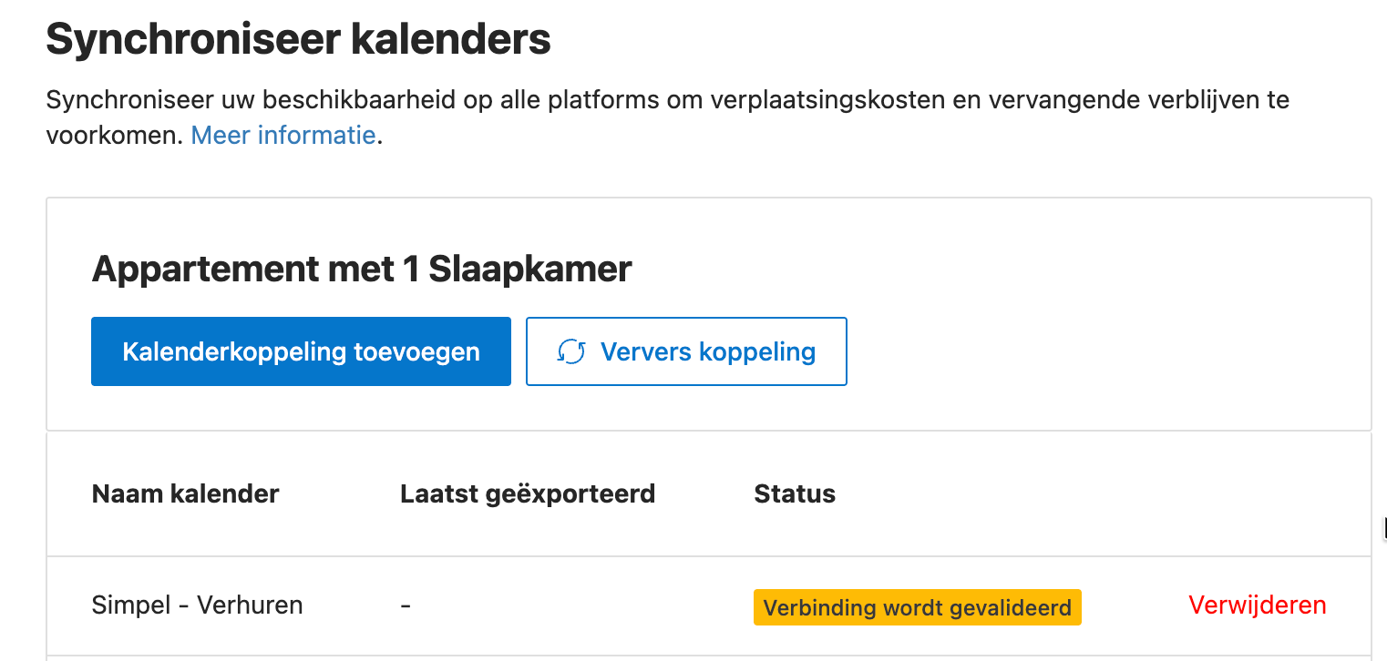 Booking.com-overzicht van gekoppelde kalenders met status Verbinding wordt gevalideerd