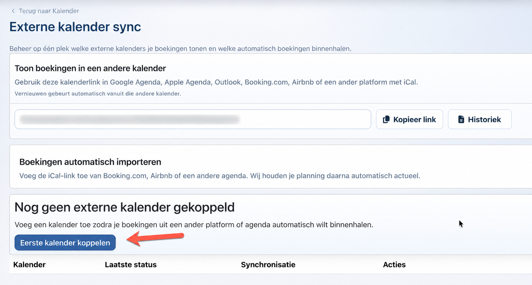 Simpel Verhuren Externe kalender sync met de knop Eerste kalender koppelen