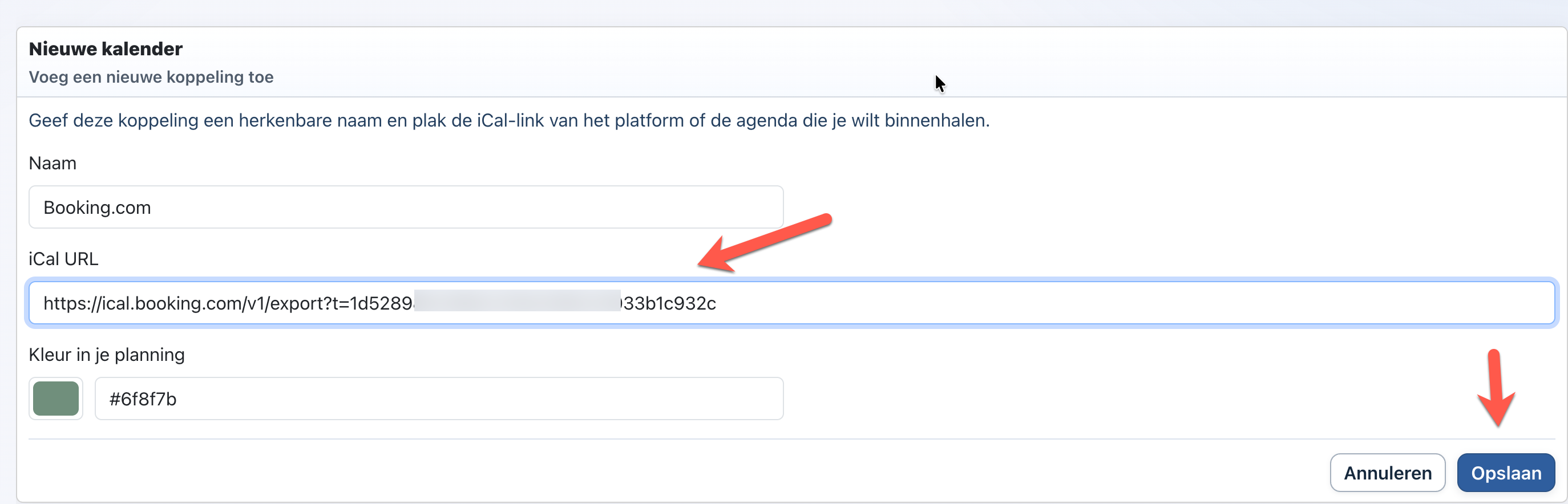 Nieuw kalenderformulier in Simpel Verhuren met Naam, iCal URL, kleur en knop Opslaan