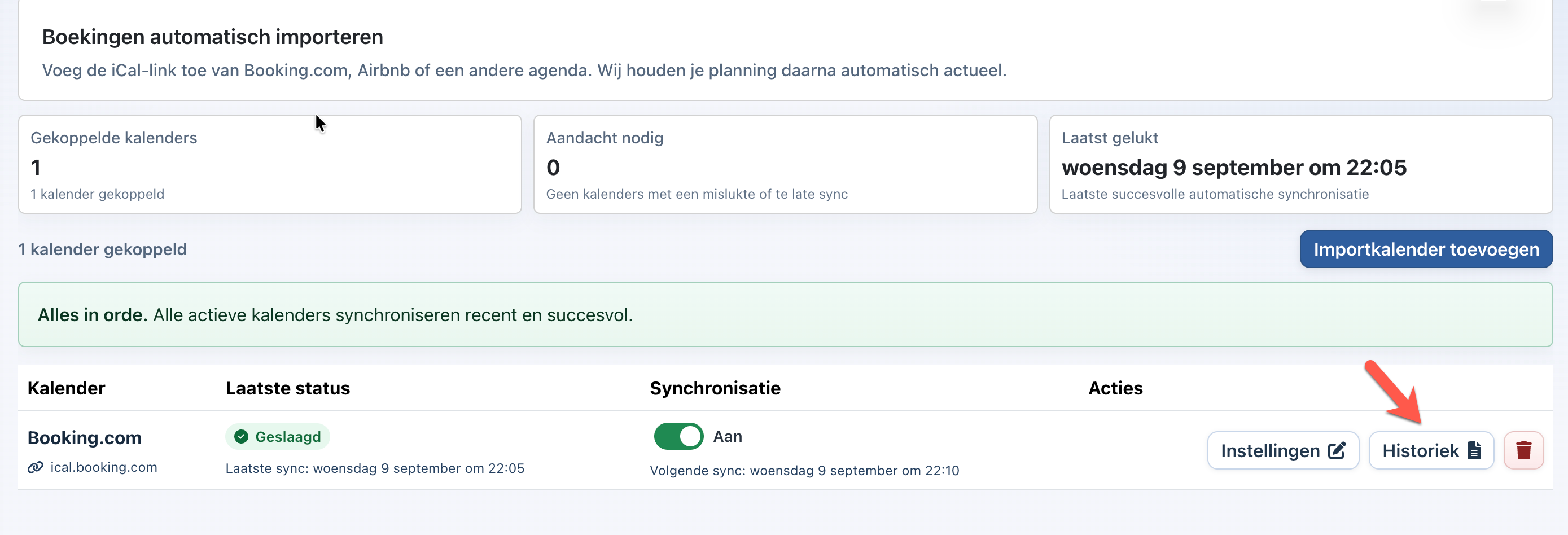 Simpel Verhuren-overzicht met succesvolle Booking.com-kalendersynchronisatie en de knop Historiek