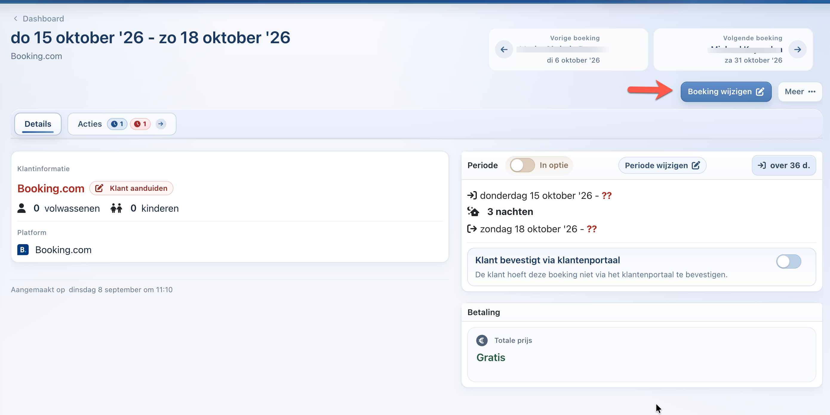 Details van een Booking.com-boeking in Simpel Verhuren met de knop Boeking wijzigen