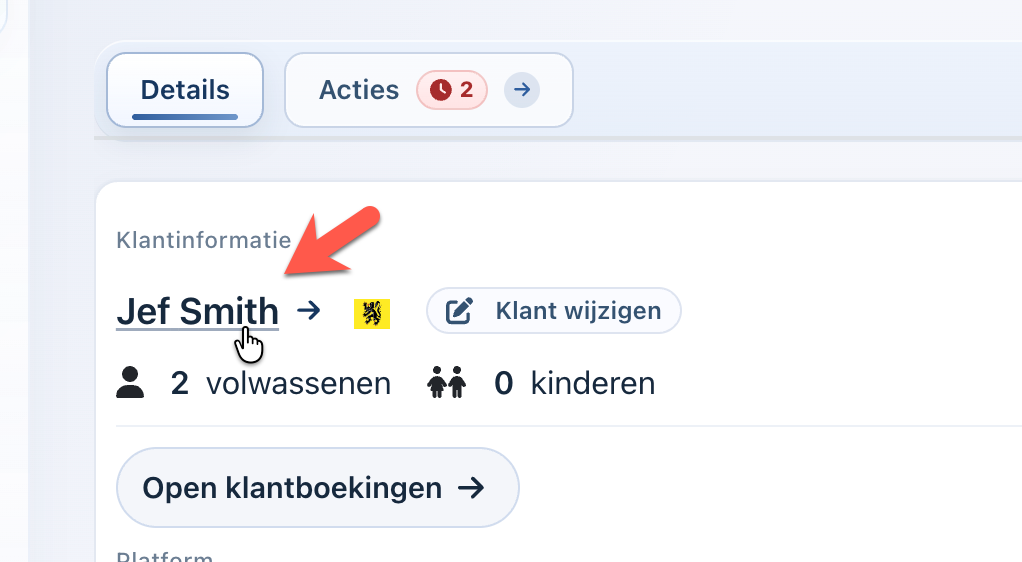 Klantnaam in de boekingsdetails van Simpel Verhuren met link naar klant wijzigen